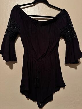 Off-Shoulder Black Women's Romper with Crochet Sleeve Detail
